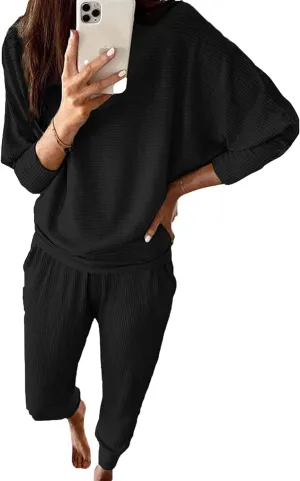 PRETTYGARDEN Women's Fall 2 Piece Outfits Fashion Sweatsuit Long Sleeve Pullover Pants Ribbed Spring Matching Lounge Set