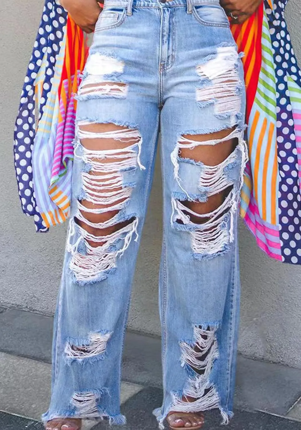 Ptorlio Women's Ripped Jeans Y2k Straight Wide Leg High Waisted Jean Distressed Baggy Denim Pants
