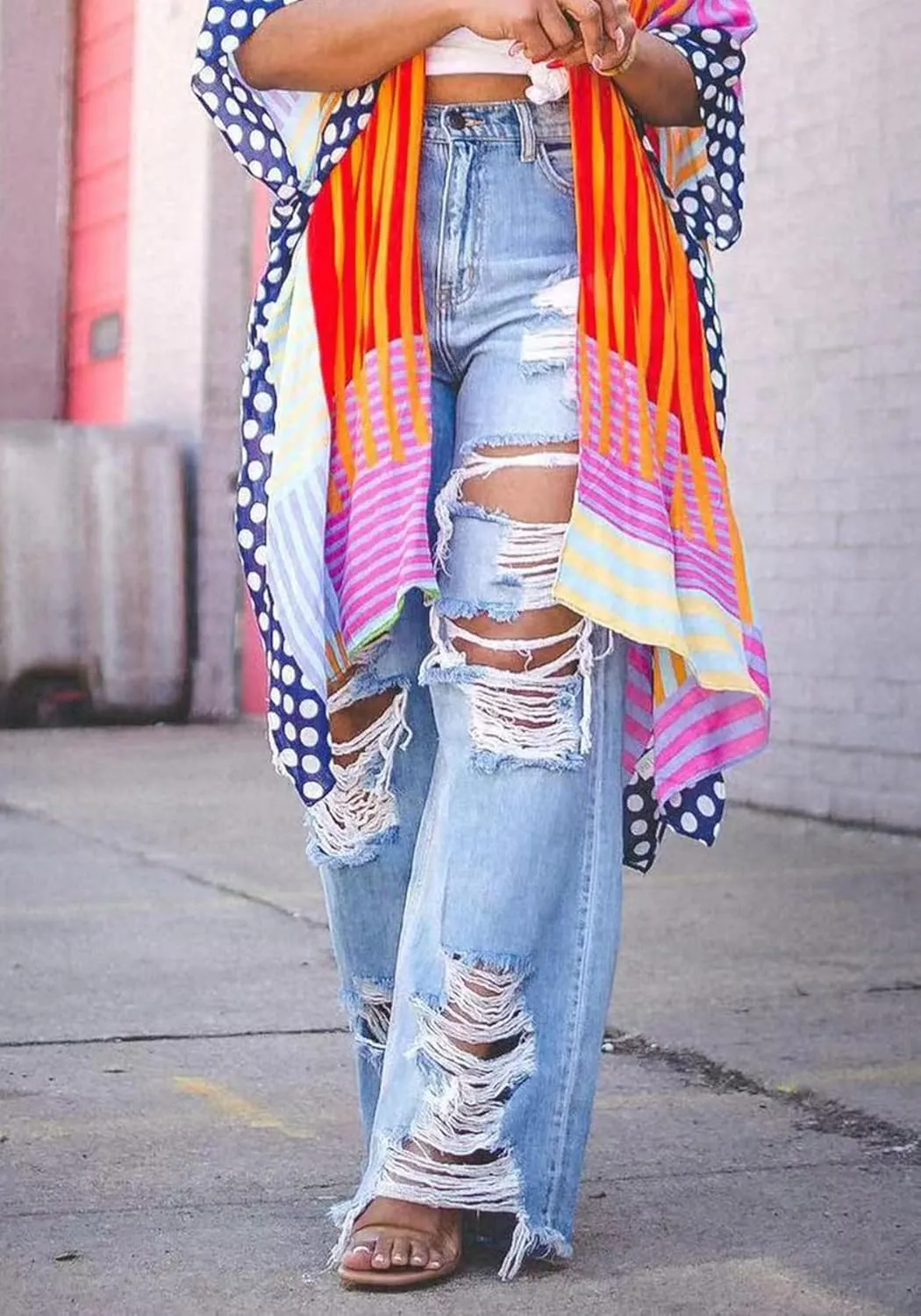 Ptorlio Women's Ripped Jeans Y2k Straight Wide Leg High Waisted Jean Distressed Baggy Denim Pants