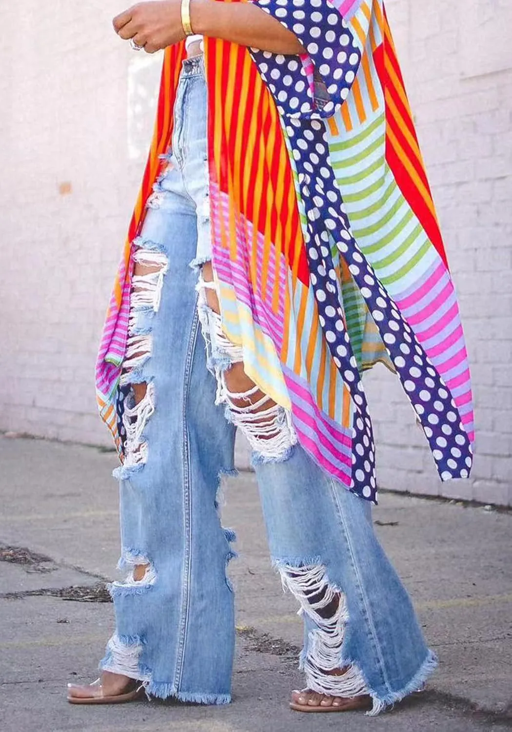 Ptorlio Women's Ripped Jeans Y2k Straight Wide Leg High Waisted Jean Distressed Baggy Denim Pants