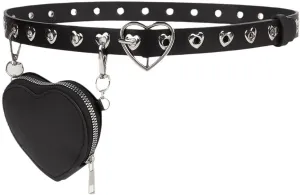 Punk Belt Bag PU Leather Waist Belt with Detachable Heart Shaped Pouch Gothic Packs Waist Purse for Women Girls Party Travel Cosplay, Black, 100cm