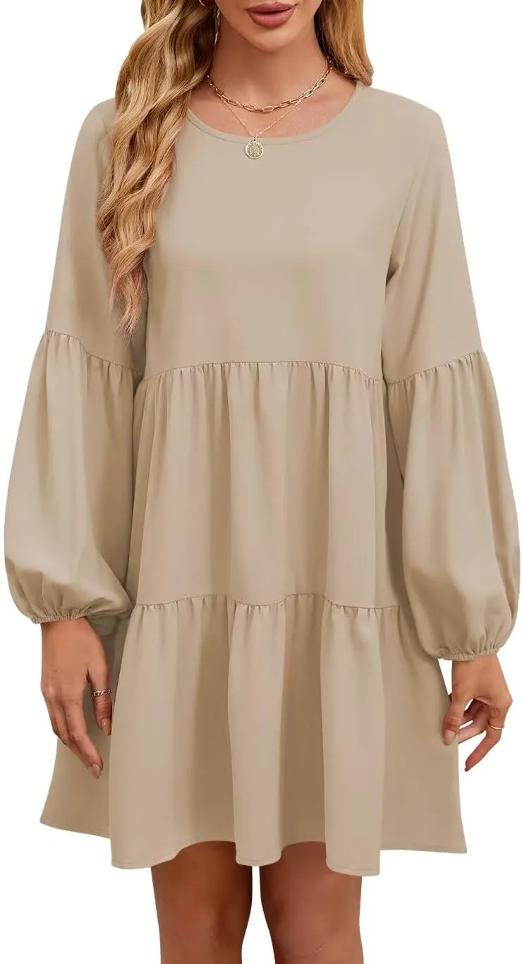 QACOHU Summer Babydoll Dresses for Women 2025 Spring Crew Neck Long Sleeve Loose Flowy Swing Tunic Mini Dress