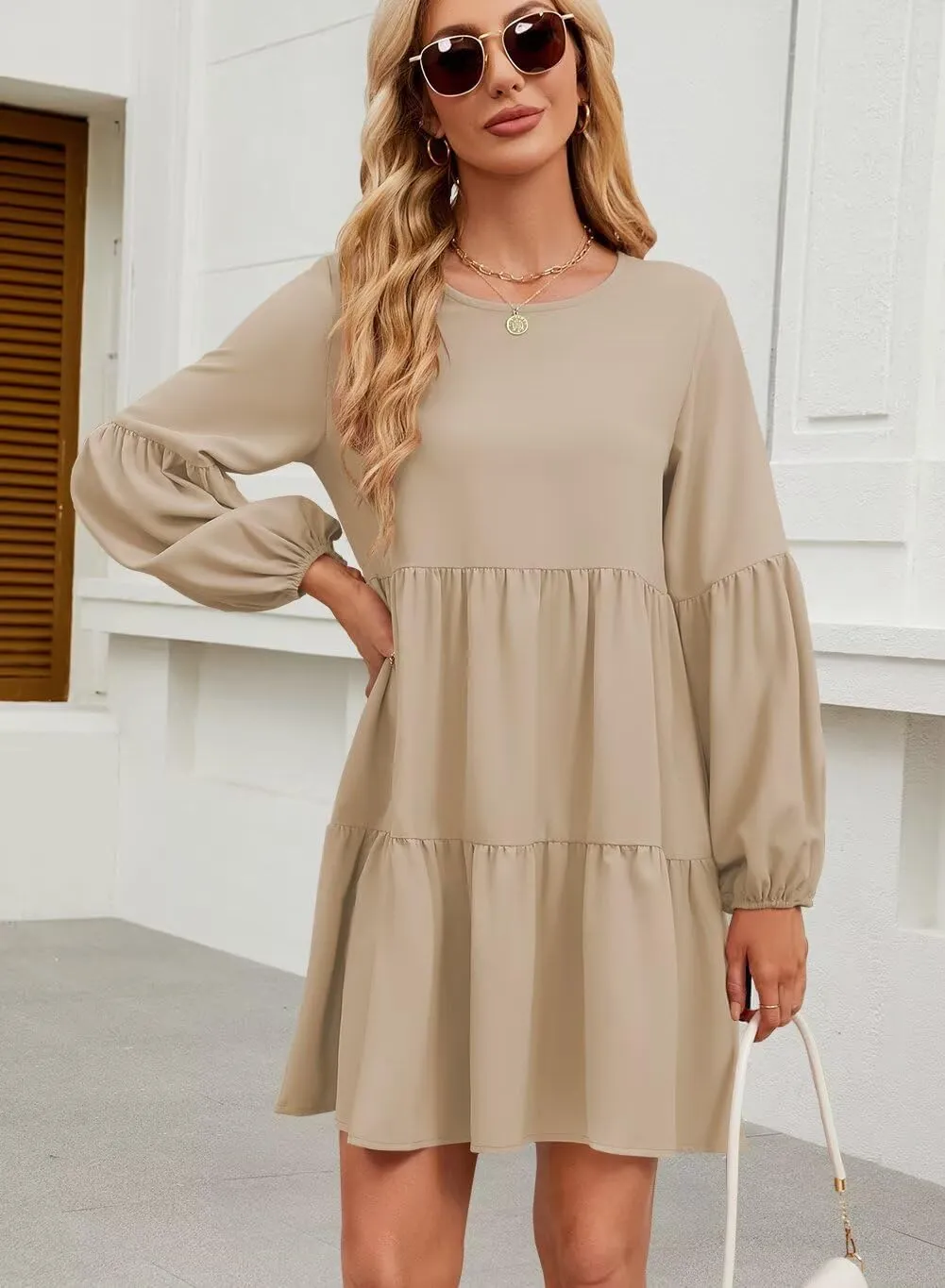 QACOHU Summer Babydoll Dresses for Women 2025 Spring Crew Neck Long Sleeve Loose Flowy Swing Tunic Mini Dress