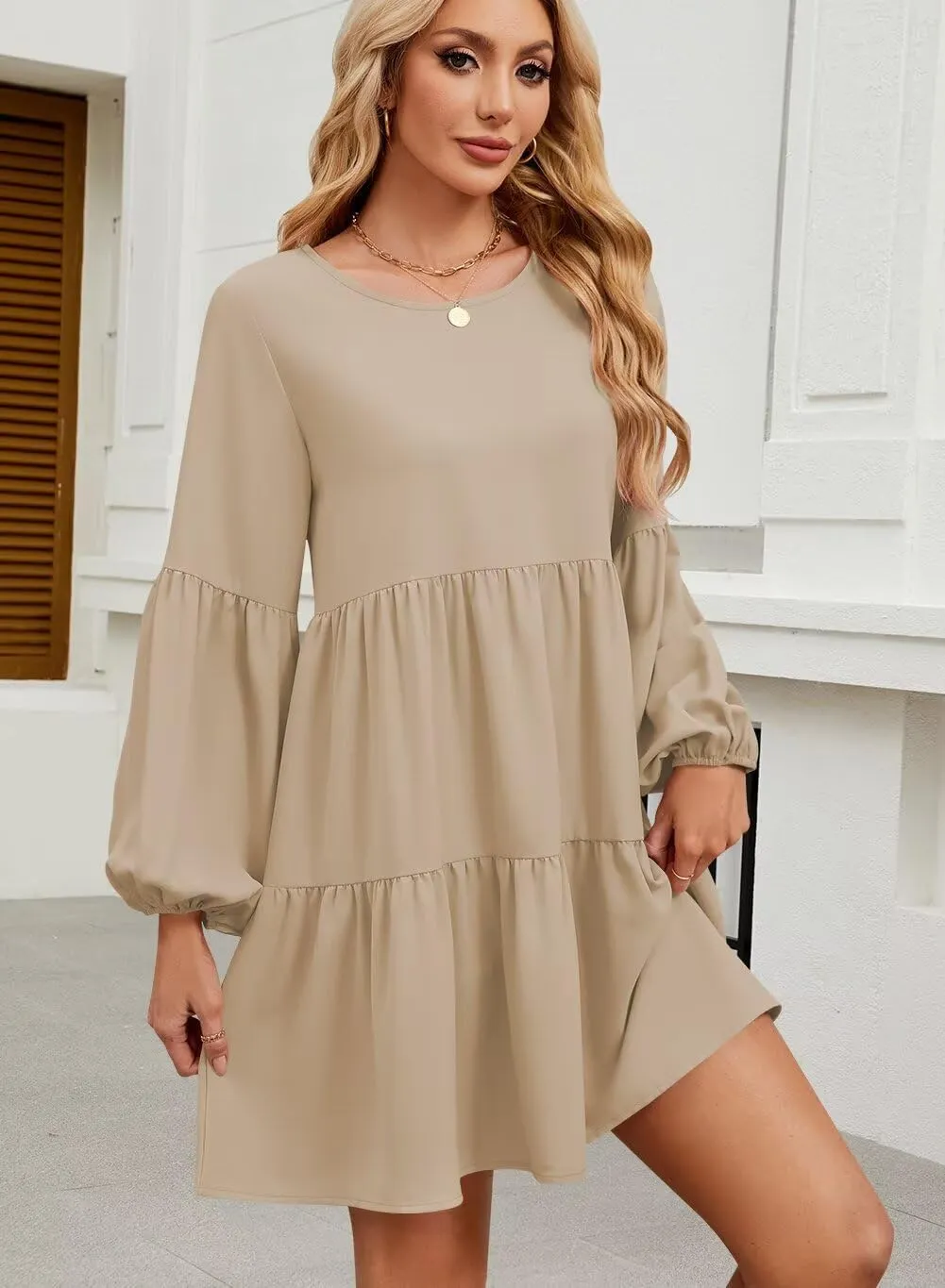 QACOHU Summer Babydoll Dresses for Women 2025 Spring Crew Neck Long Sleeve Loose Flowy Swing Tunic Mini Dress