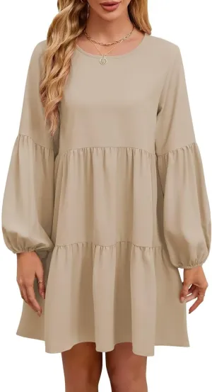 QACOHU Summer Babydoll Dresses for Women 2025 Spring Crew Neck Long Sleeve Loose Flowy Swing Tunic Mini Dress