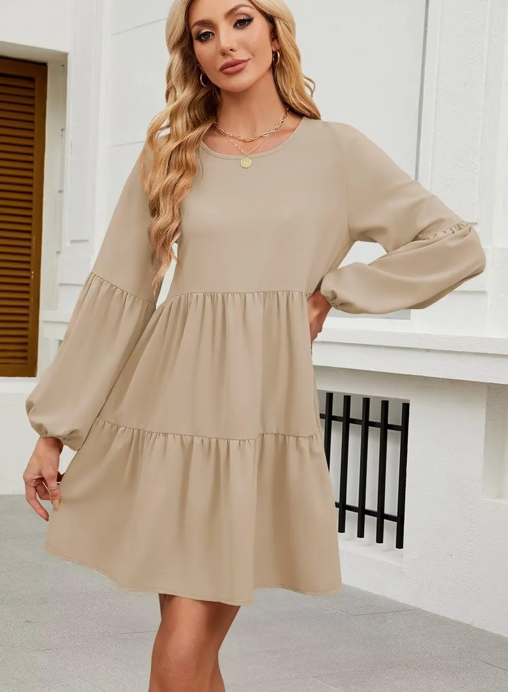 QACOHU Summer Babydoll Dresses for Women 2025 Spring Crew Neck Long Sleeve Loose Flowy Swing Tunic Mini Dress