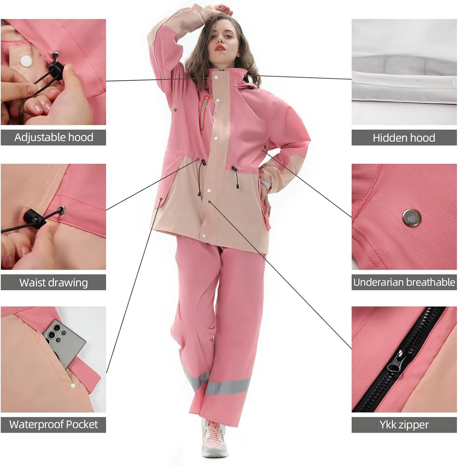 Rain Suit for Women, Waterproof Rain Jacket & Trouser with Reflective Srtip, Rain Gear for All-Sport Anti-storm