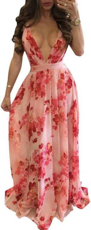 Remelon Womens Sexy Spaghetti Strap Deep V Neck Floral Boho Criss Cross Backless Chiffon Beach Party Long Maxi Dress