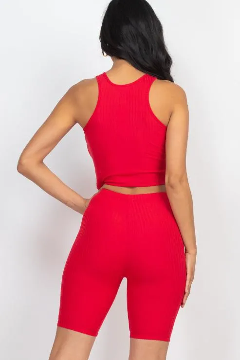 Ribbed Cropped Tank Top and Biker Shorts Set