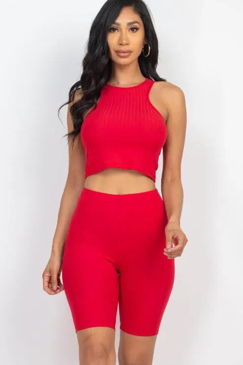 Ribbed Cropped Tank Top and Biker Shorts Set