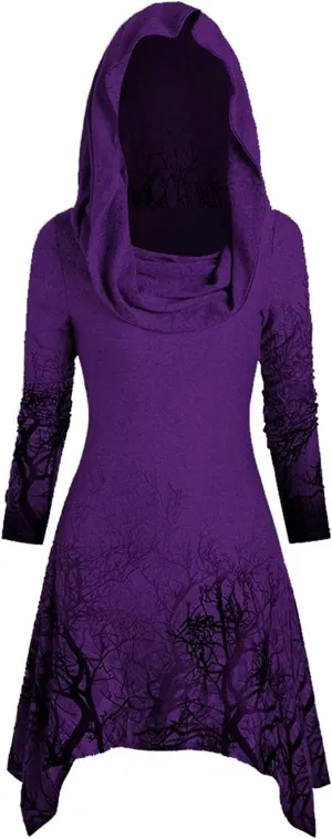 RKSTN Gothic Hoodie Dress Long Hoodies Tops Blouses for Women Costumes Lace Up Hooded Coat Pullover High Low Bandage Cloak