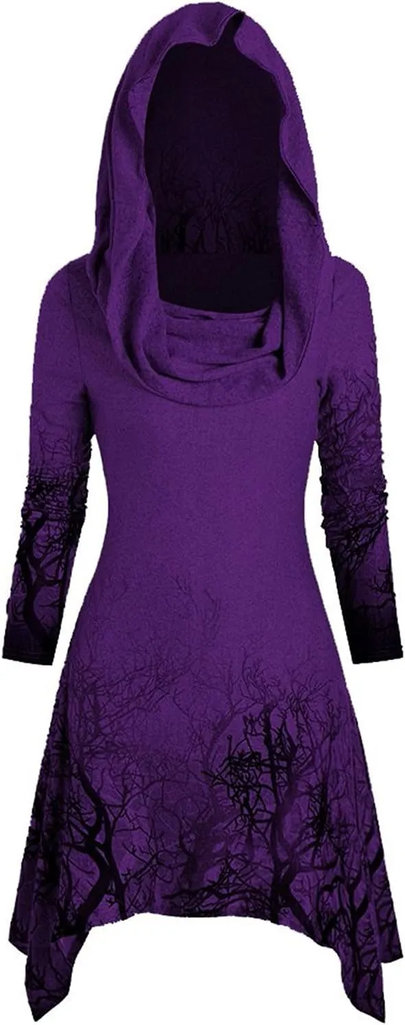RKSTN Gothic Hoodie Dress Long Hoodies Tops Blouses for Women Costumes Lace Up Hooded Coat Pullover High Low Bandage Cloak