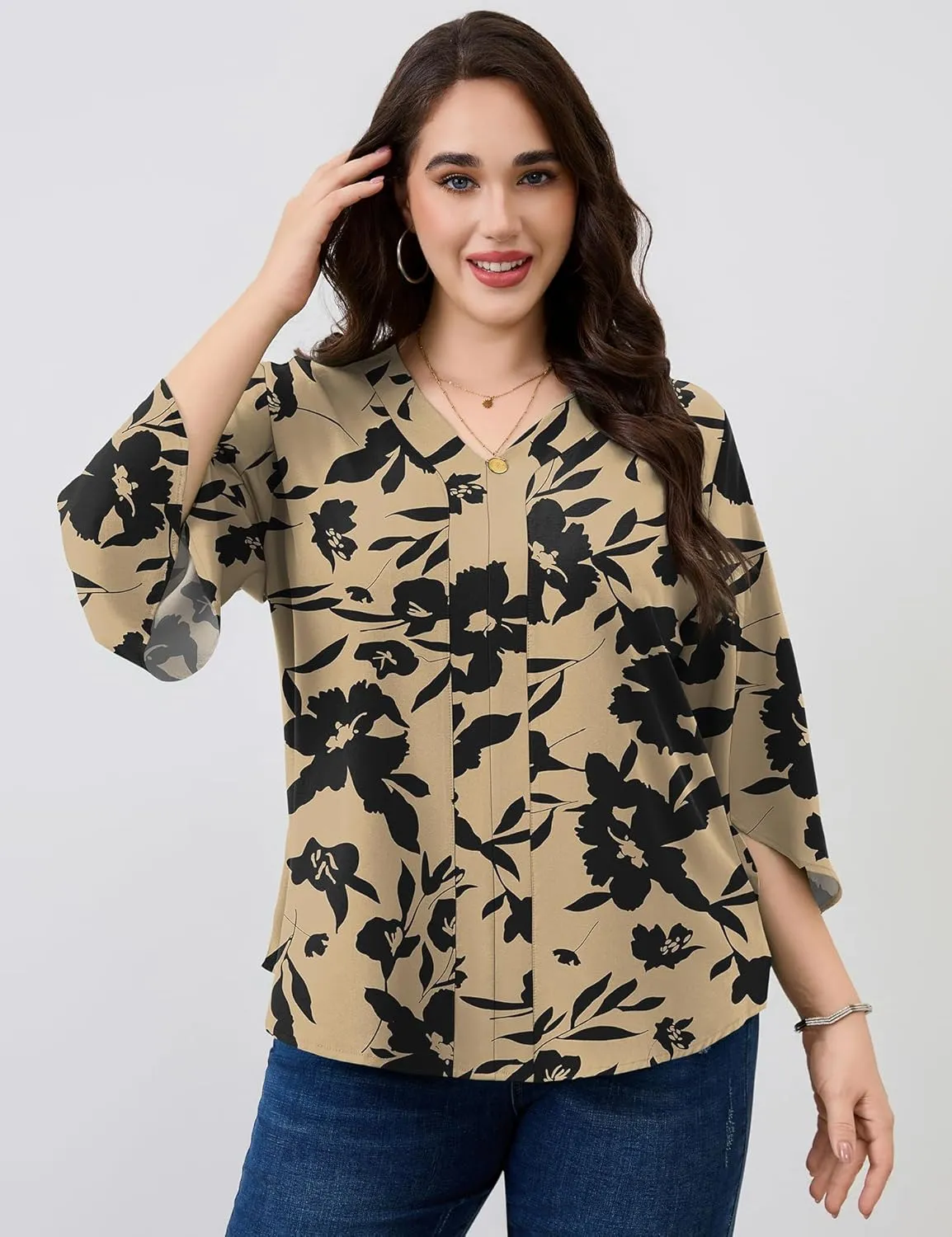 Romanstii Plus Size 3/4 Length Sleeve Womens Tops V-Neck Flowy Blouses Business Casual Summer Shirts 2025