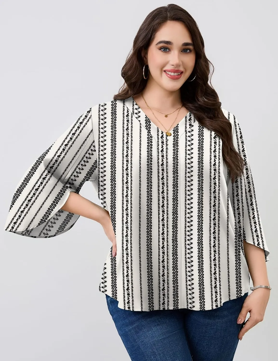 Romanstii Plus Size 3/4 Length Sleeve Womens Tops V-Neck Flowy Blouses Business Casual Summer Shirts 2025