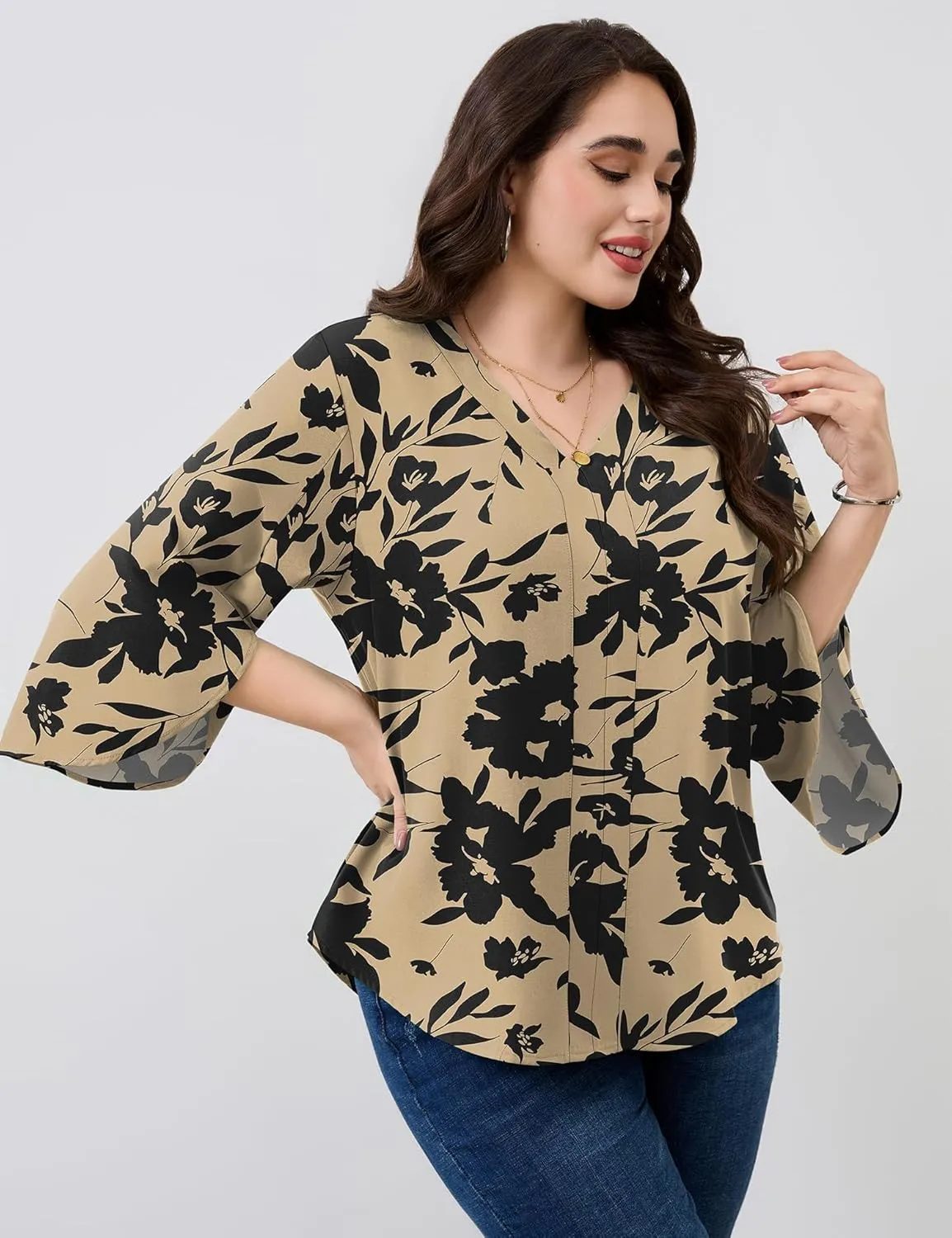 Romanstii Plus Size 3/4 Length Sleeve Womens Tops V-Neck Flowy Blouses Business Casual Summer Shirts 2025