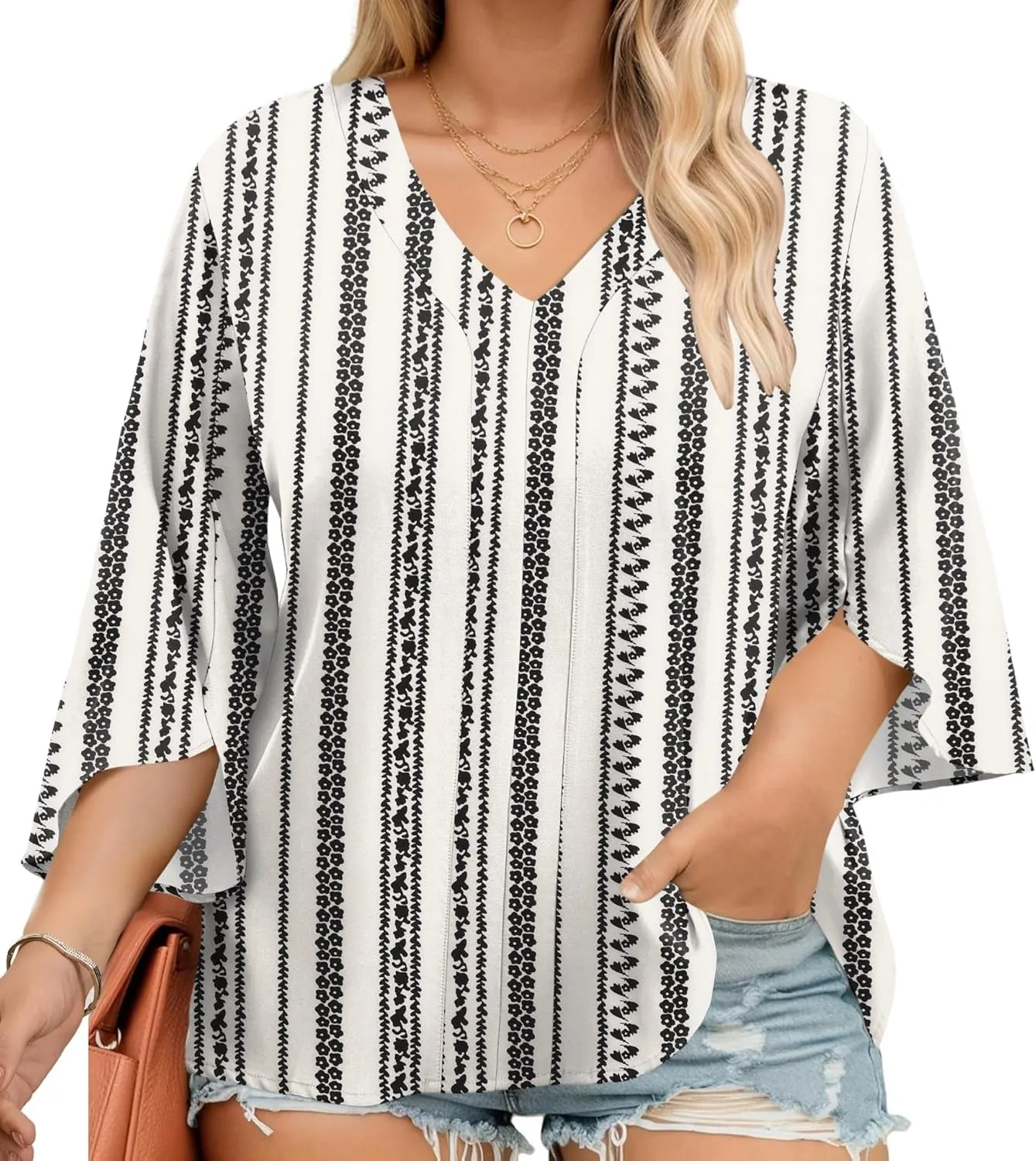 Romanstii Plus Size 3/4 Length Sleeve Womens Tops V-Neck Flowy Blouses Business Casual Summer Shirts 2025