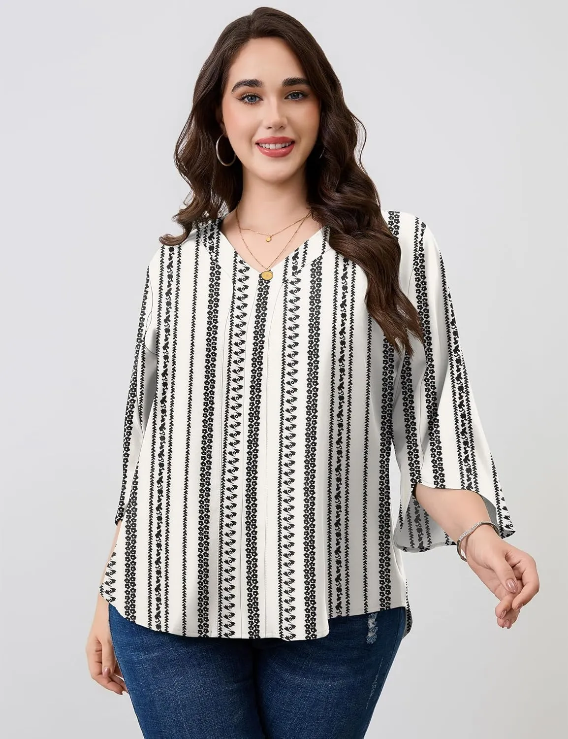 Romanstii Plus Size 3/4 Length Sleeve Womens Tops V-Neck Flowy Blouses Business Casual Summer Shirts 2025