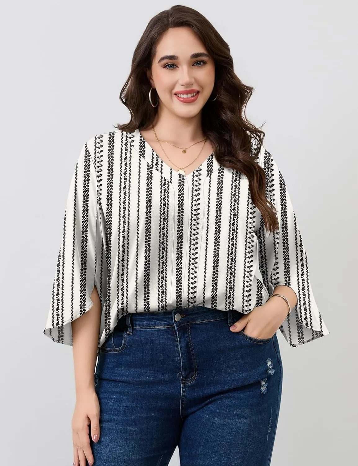 Romanstii Plus Size 3/4 Length Sleeve Womens Tops V-Neck Flowy Blouses Business Casual Summer Shirts 2025
