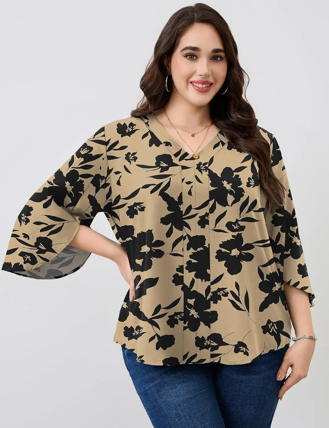 Romanstii Plus Size 3/4 Length Sleeve Womens Tops V-Neck Flowy Blouses Business Casual Summer Shirts 2025