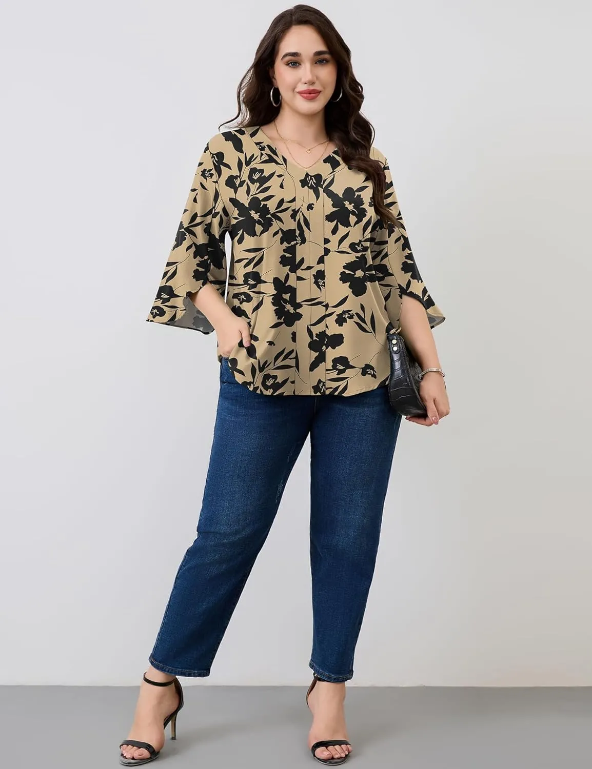 Romanstii Plus Size 3/4 Length Sleeve Womens Tops V-Neck Flowy Blouses Business Casual Summer Shirts 2025