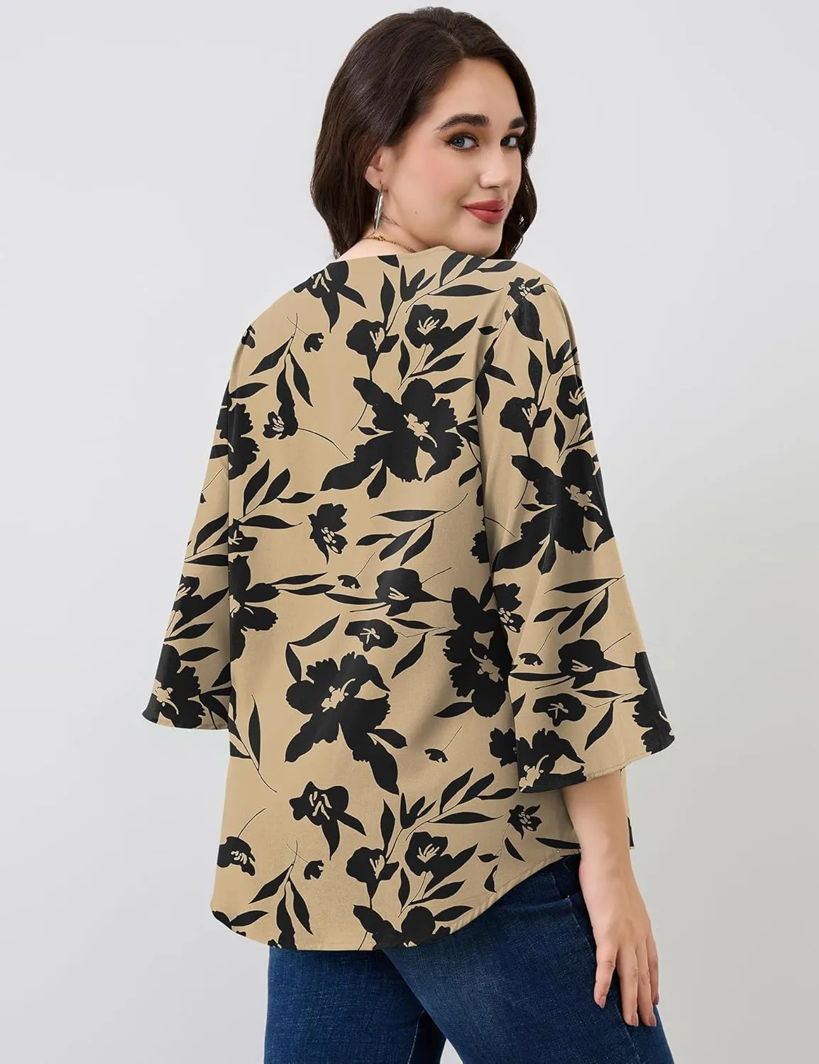 Romanstii Plus Size 3/4 Length Sleeve Womens Tops V-Neck Flowy Blouses Business Casual Summer Shirts 2025