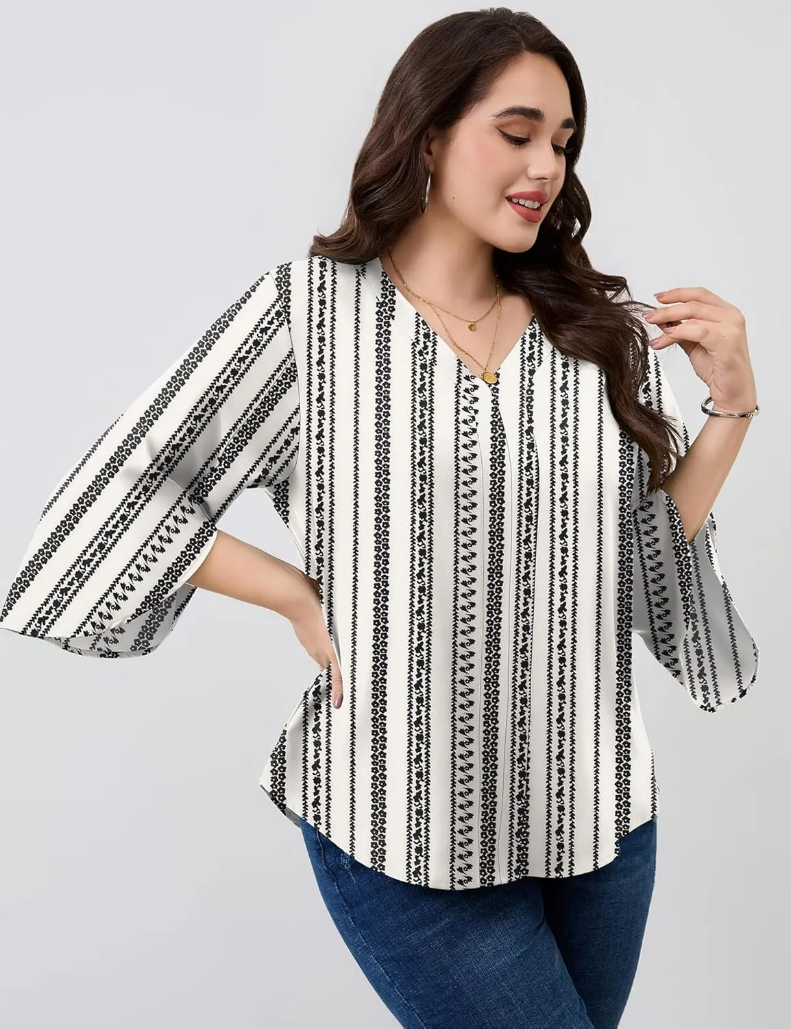 Romanstii Plus Size 3/4 Length Sleeve Womens Tops V-Neck Flowy Blouses Business Casual Summer Shirts 2025