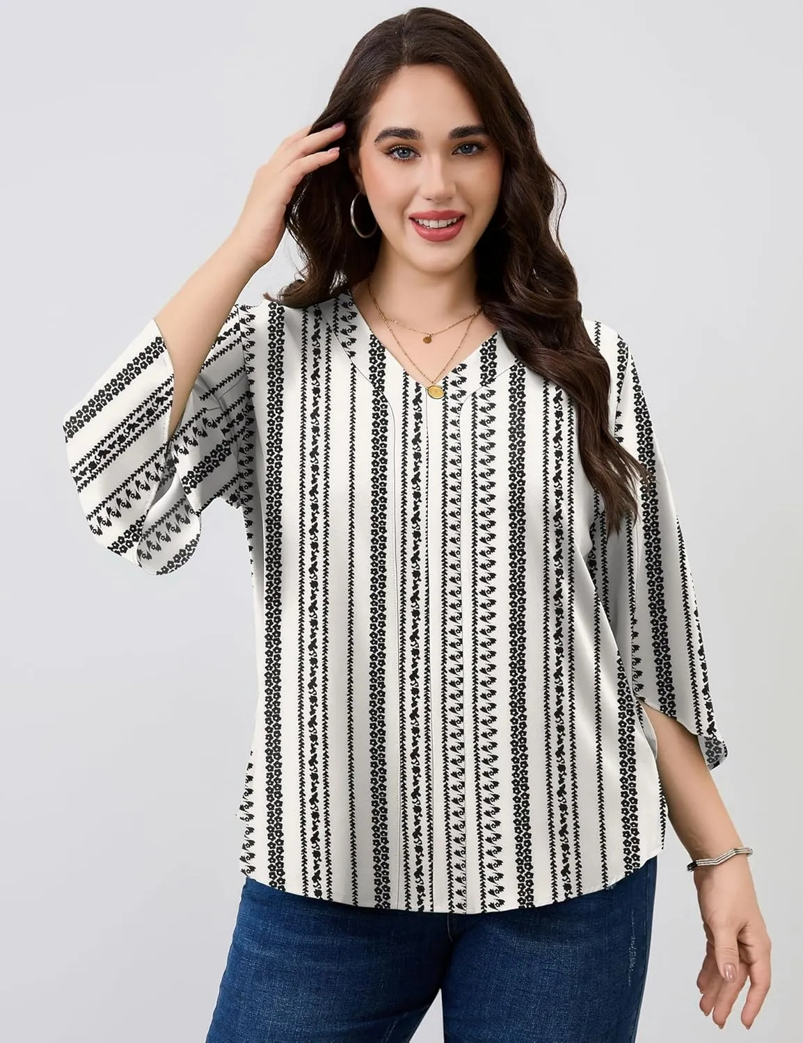 Romanstii Plus Size 3/4 Length Sleeve Womens Tops V-Neck Flowy Blouses Business Casual Summer Shirts 2025