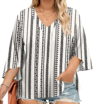 Romanstii Plus Size 3/4 Length Sleeve Womens Tops V-Neck Flowy Blouses Business Casual Summer Shirts 2025