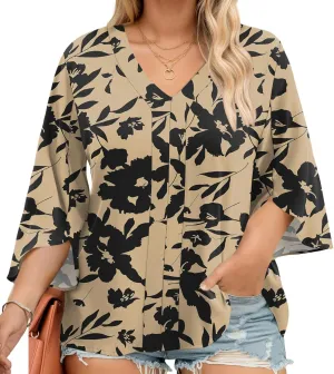 Romanstii Plus Size 3/4 Length Sleeve Womens Tops V-Neck Flowy Blouses Business Casual Summer Shirts 2025