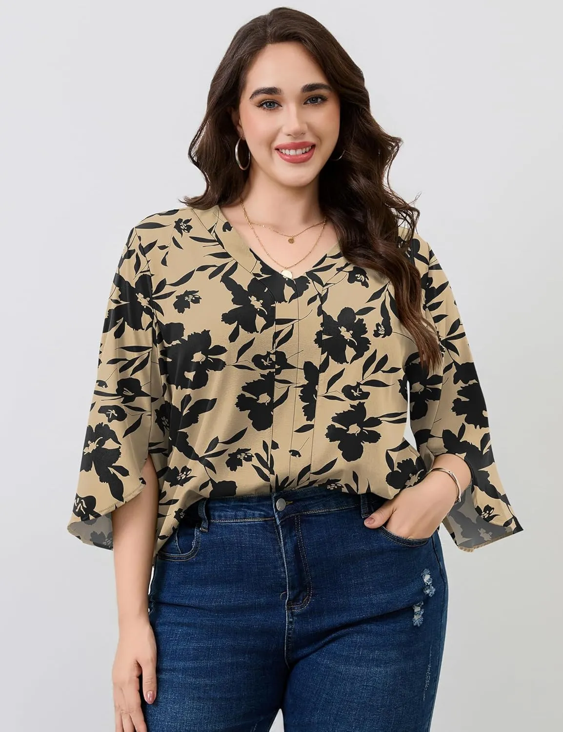 Romanstii Plus Size 3/4 Length Sleeve Womens Tops V-Neck Flowy Blouses Business Casual Summer Shirts 2025