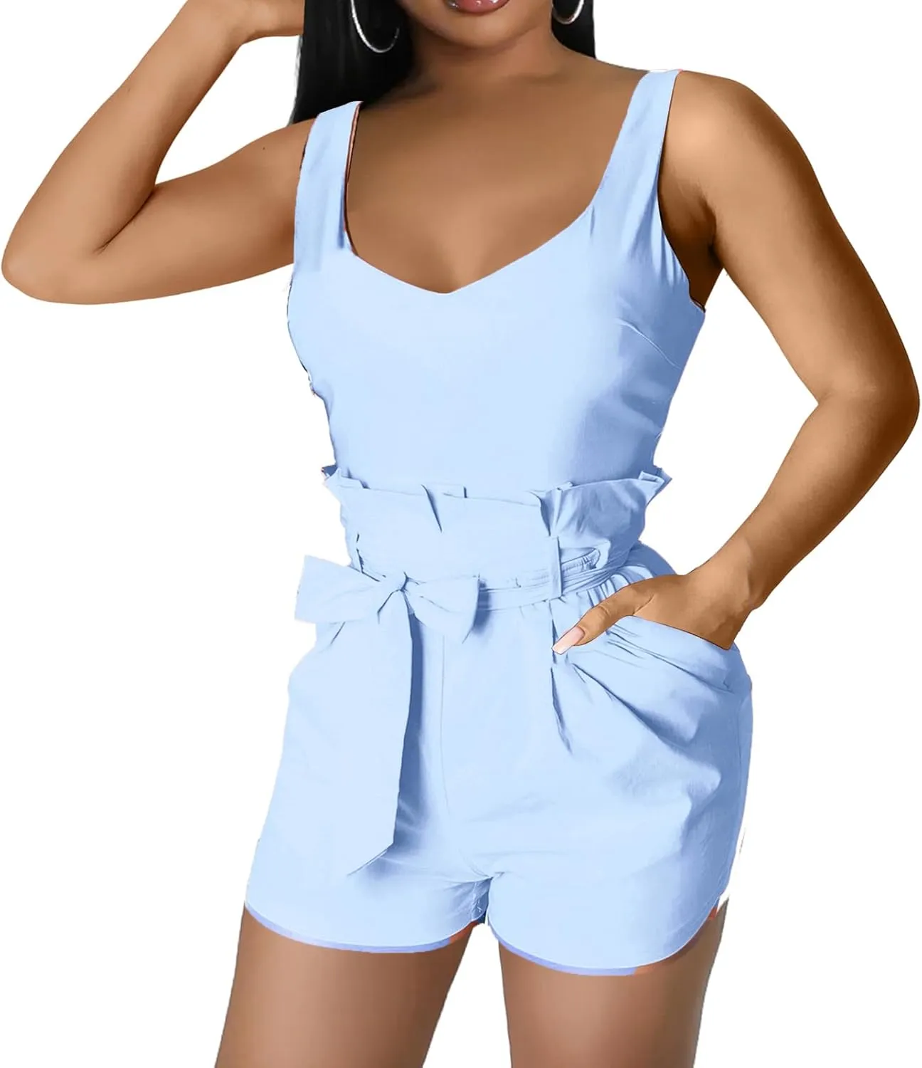 Rompers for Women Sexy Summer Casual Straps Short Pants Jumpsuits with Pockets Zipper