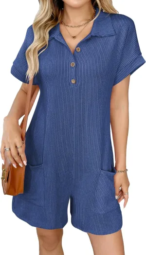 Rompers for Women Short Sleeve Button Down Elastic Short Jumpsuit with Pockets