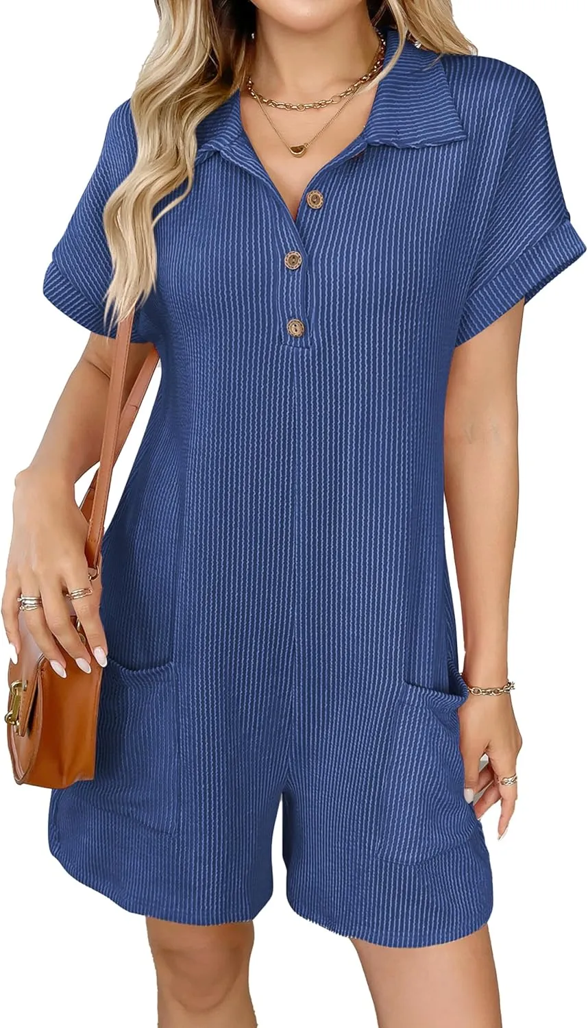 Rompers for Women Short Sleeve Button Down Elastic Short Jumpsuit with Pockets