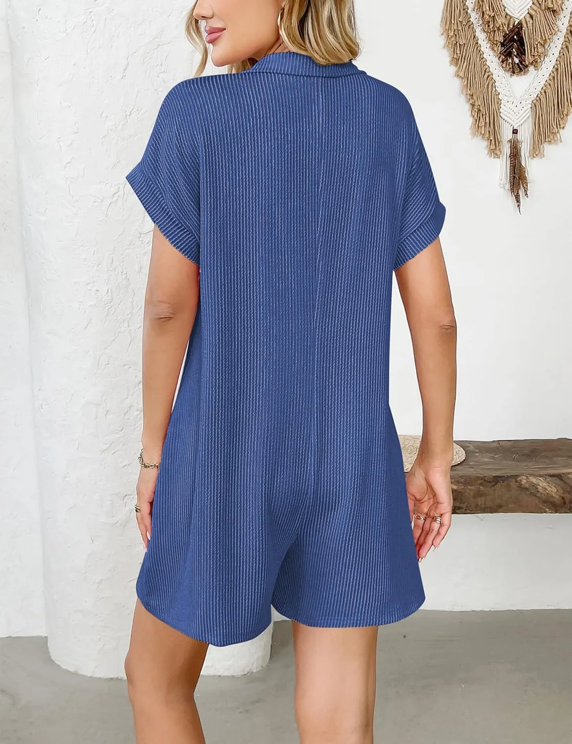 Rompers for Women Short Sleeve Button Down Elastic Short Jumpsuit with Pockets