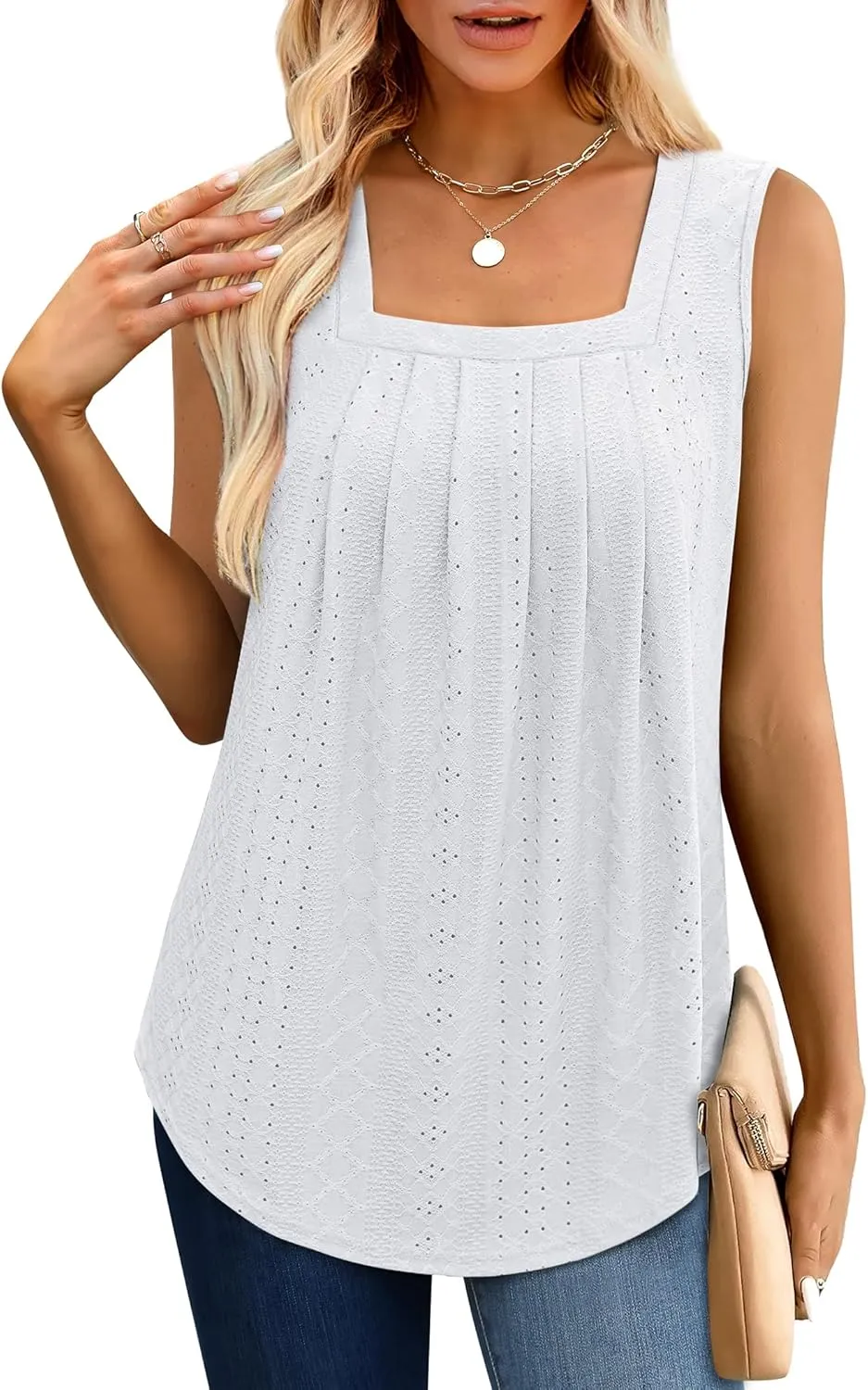 Saloogoe Tank Top for Women Loose Fit Eyelet Summer Tops Flowy Sleeveless Blouses Pleated Square Neck Curved Hem Fashion