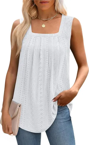 Saloogoe Tank Top for Women Loose Fit Eyelet Summer Tops Flowy Sleeveless Blouses Pleated Square Neck Curved Hem Fashion