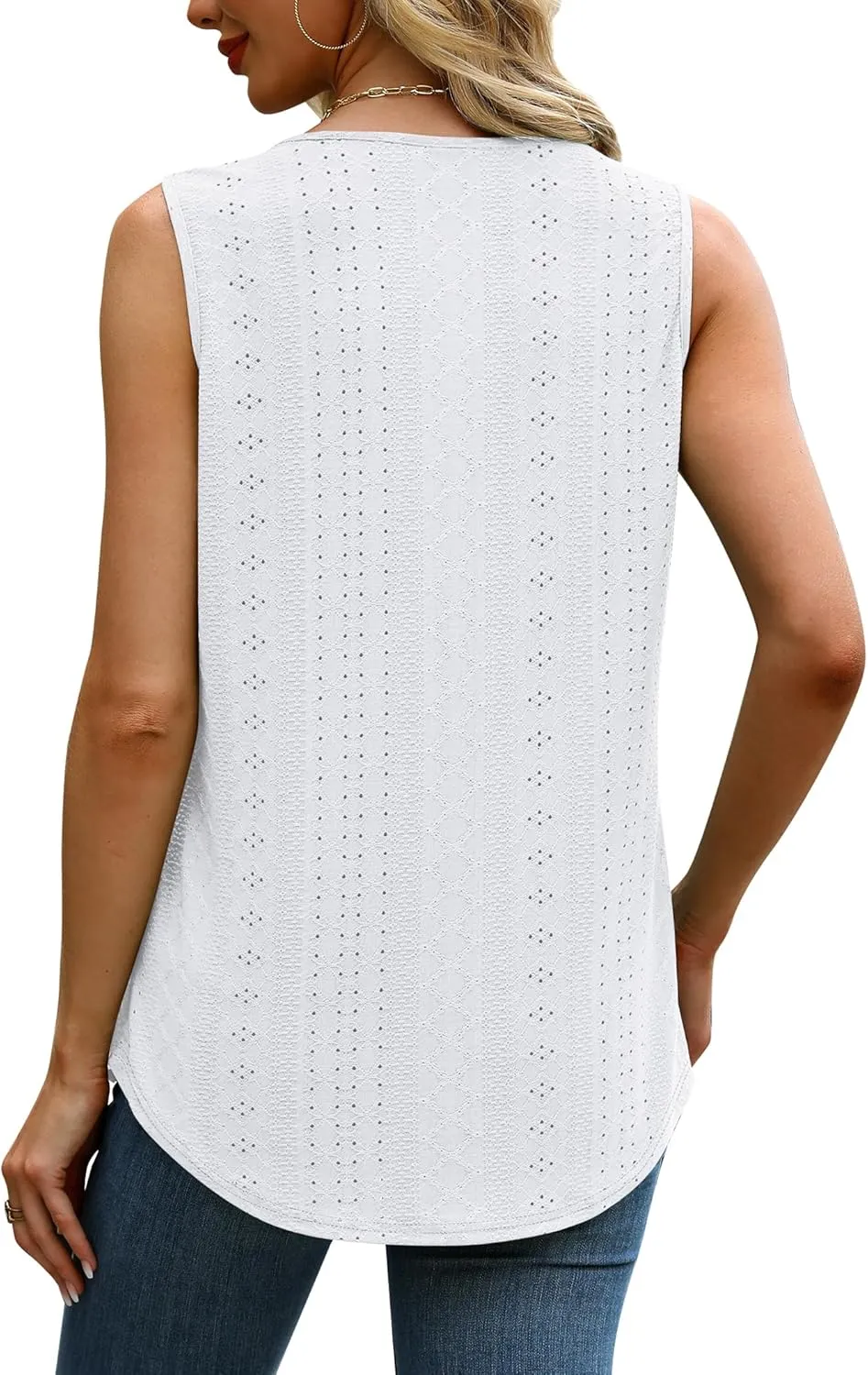 Saloogoe Tank Top for Women Loose Fit Eyelet Summer Tops Flowy Sleeveless Blouses Pleated Square Neck Curved Hem Fashion