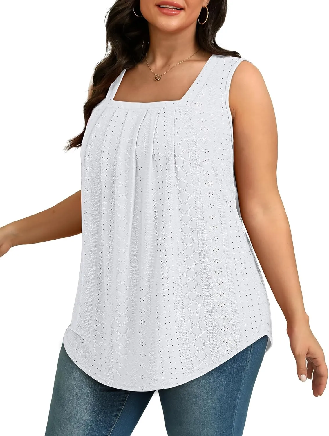 Saloogoe Tank Top for Women Loose Fit Eyelet Summer Tops Flowy Sleeveless Blouses Pleated Square Neck Curved Hem Fashion
