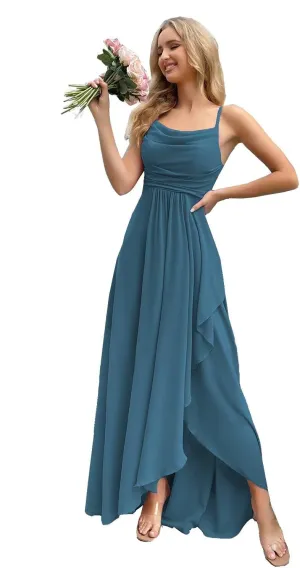 Sapghetti Strap Bridesmaid Dress with Pleated Long A Line Chiffon Formal Evening Dress for Womens DK004