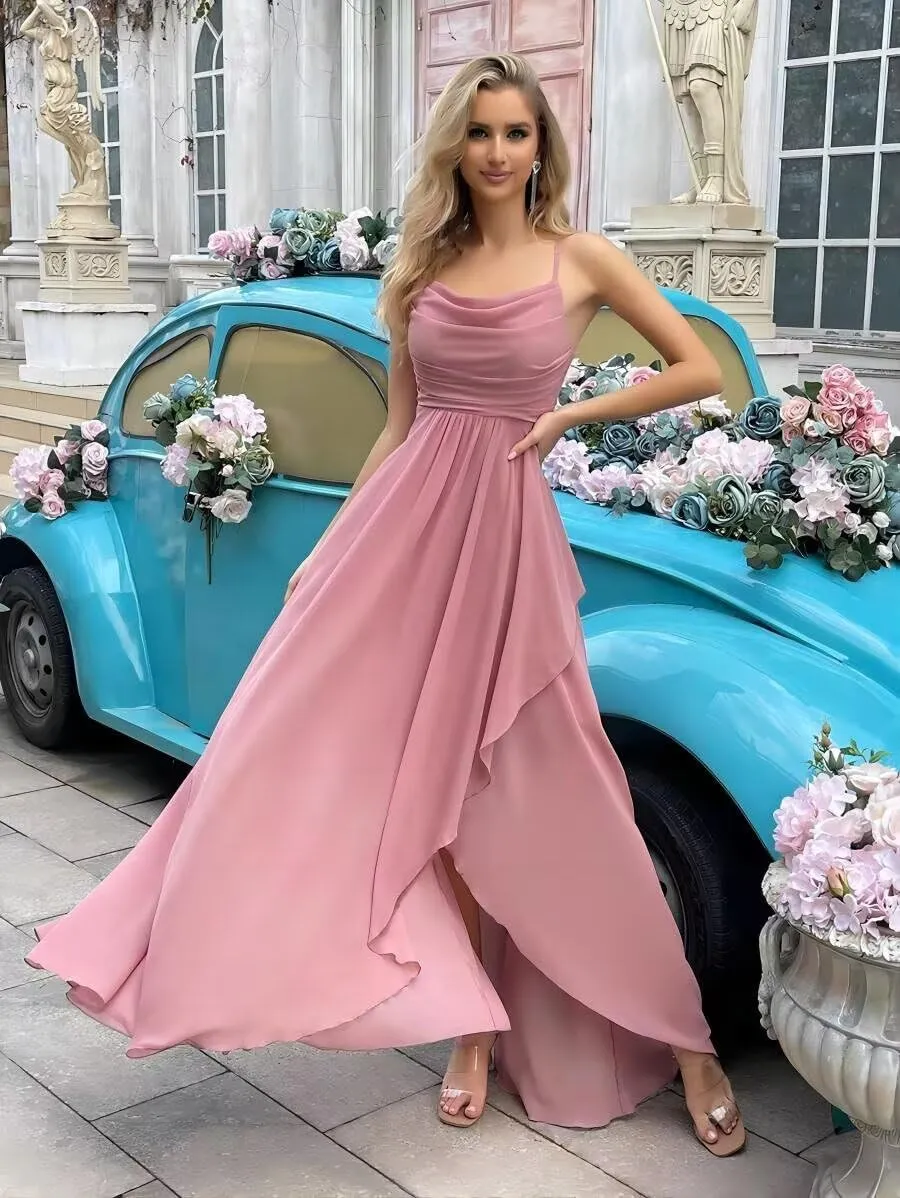 Sapghetti Strap Bridesmaid Dress with Pleated Long A Line Chiffon Formal Evening Dress for Womens DK004