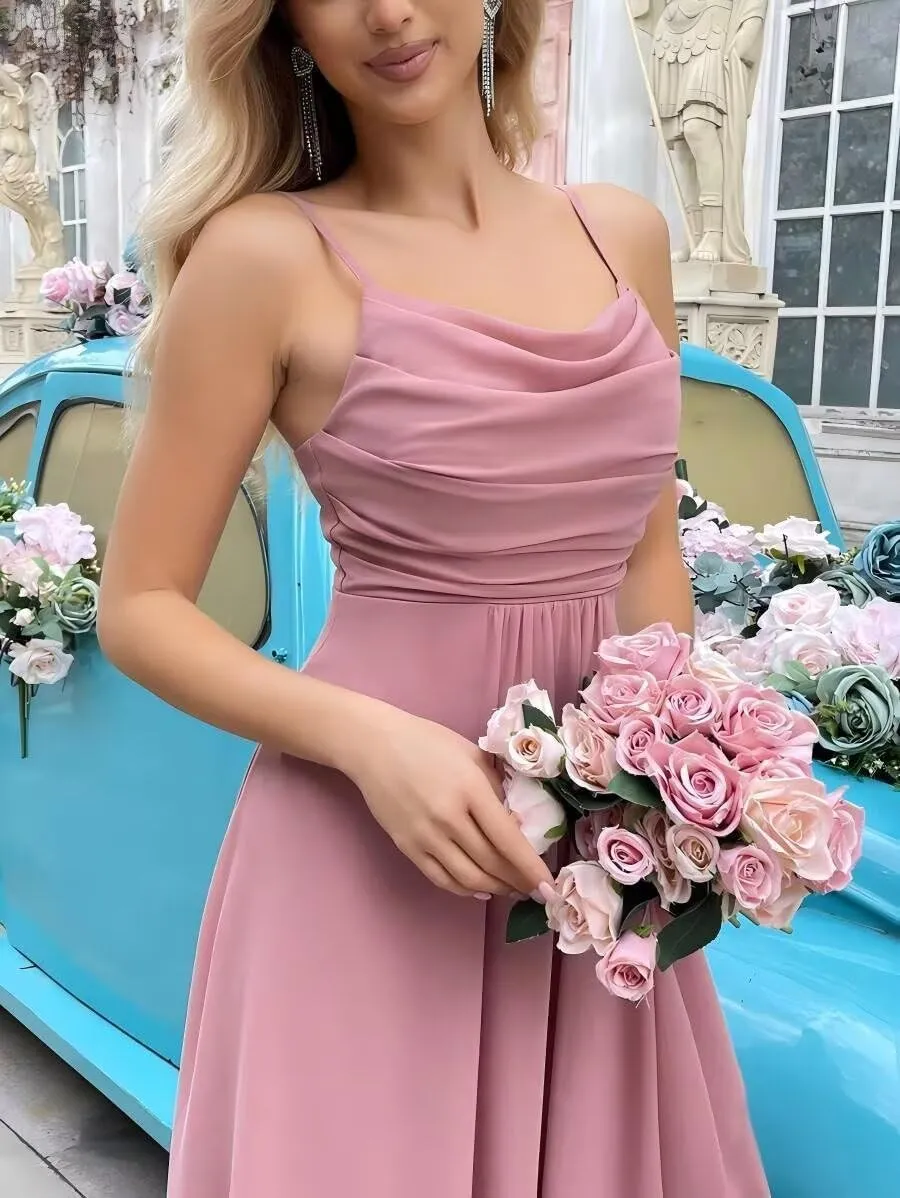 Sapghetti Strap Bridesmaid Dress with Pleated Long A Line Chiffon Formal Evening Dress for Womens DK004