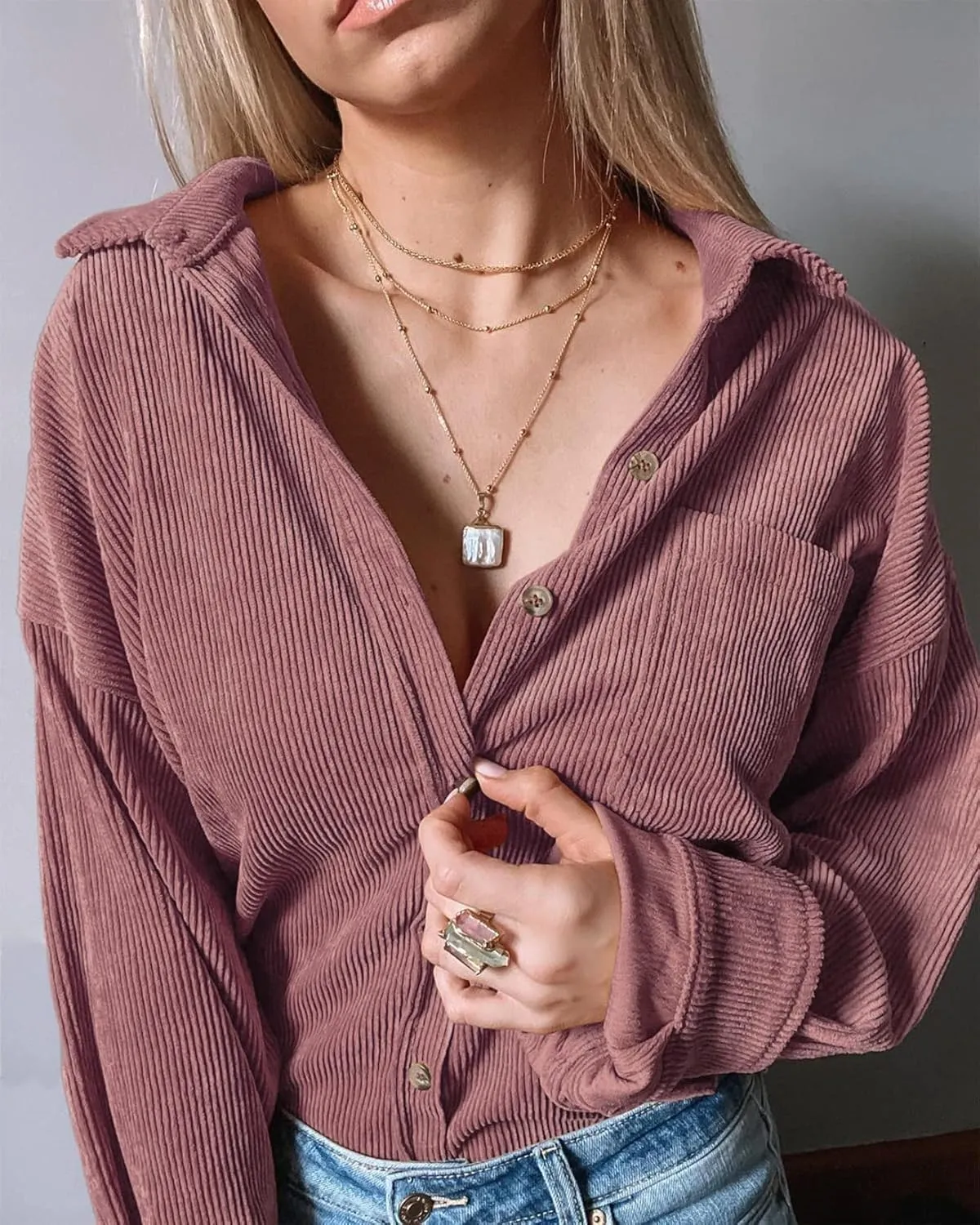 Saslax Womens Corduroy Shirt Long Sleeve Oversized Button Up V Neck Blouses Tops Loose Shacket Jacket