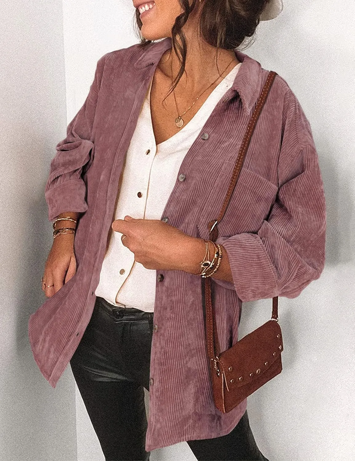 Saslax Womens Corduroy Shirt Long Sleeve Oversized Button Up V Neck Blouses Tops Loose Shacket Jacket