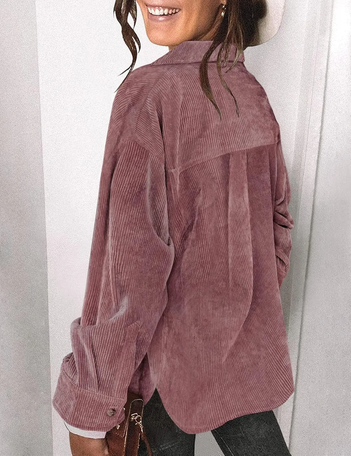 Saslax Womens Corduroy Shirt Long Sleeve Oversized Button Up V Neck Blouses Tops Loose Shacket Jacket