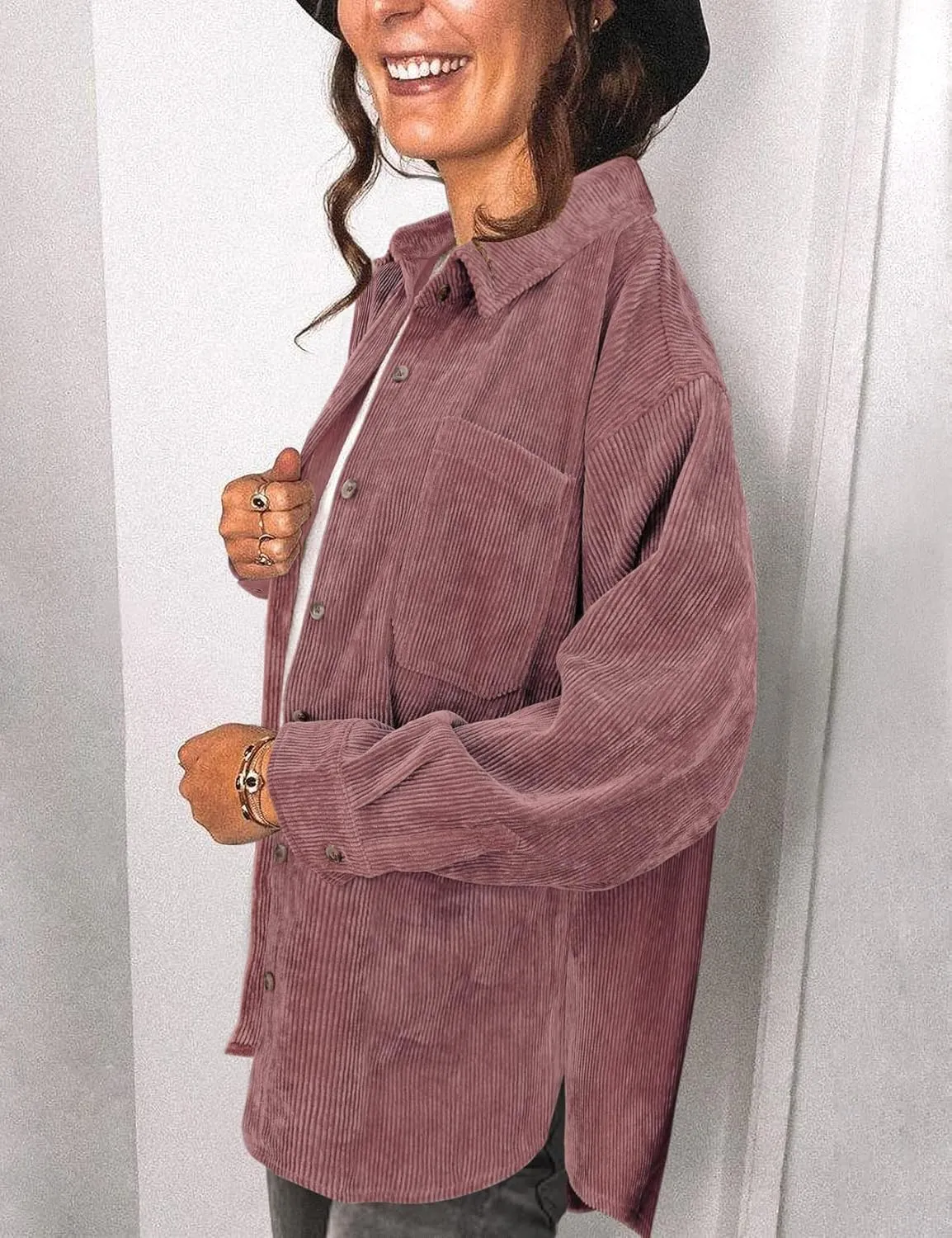 Saslax Womens Corduroy Shirt Long Sleeve Oversized Button Up V Neck Blouses Tops Loose Shacket Jacket