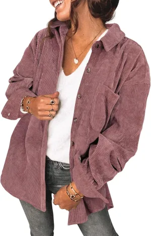 Saslax Womens Corduroy Shirt Long Sleeve Oversized Button Up V Neck Blouses Tops Loose Shacket Jacket