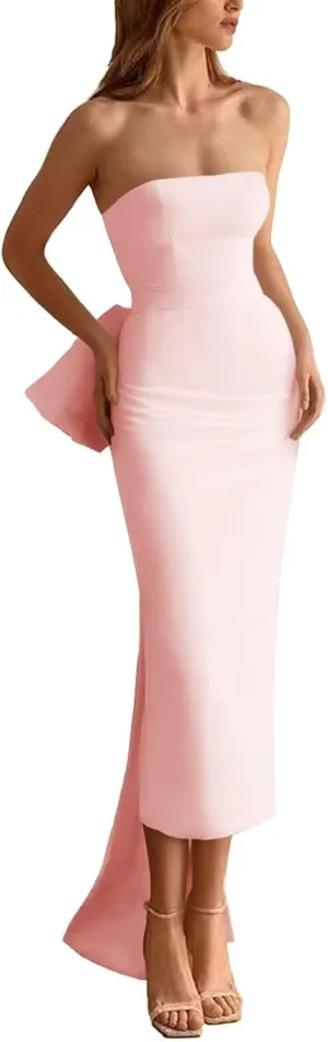 Satin Strapless Prom Dresses with Bow Midi Bodycon Formal Evening Party Gown