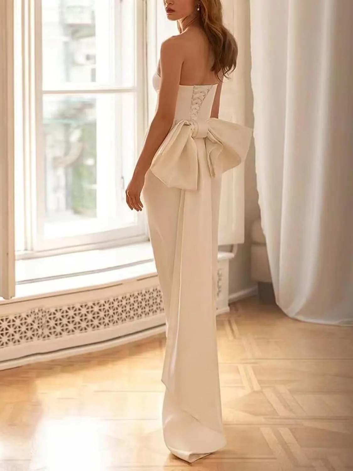 Satin Strapless Prom Dresses with Bow Midi Bodycon Formal Evening Party Gown