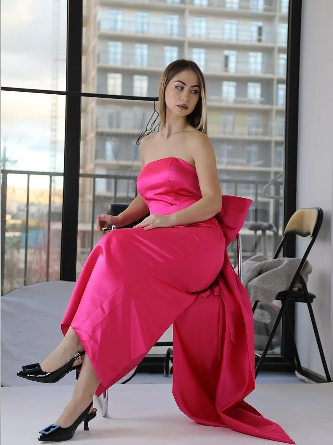 Satin Strapless Prom Dresses with Bow Midi Bodycon Formal Evening Party Gown