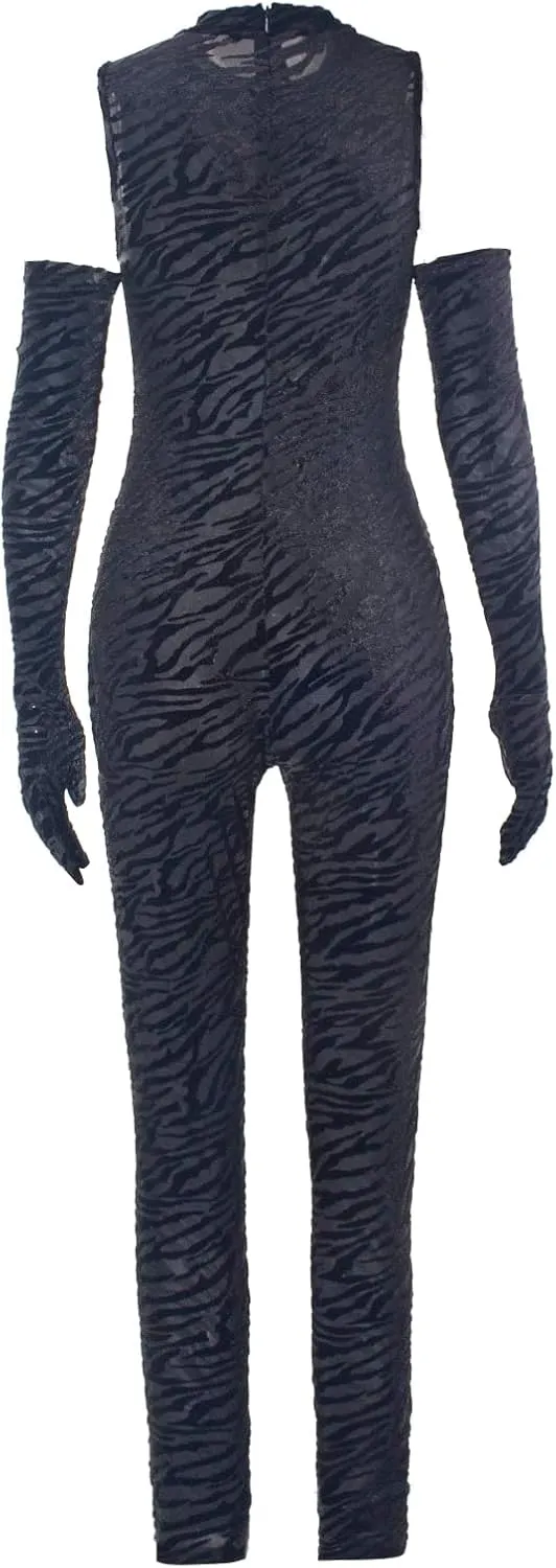 sedmoda Women Sexy Bodycon Velvet Jumpsuit Sheer Mesh Patchwork One Piece Party Club Outfits with Gloves